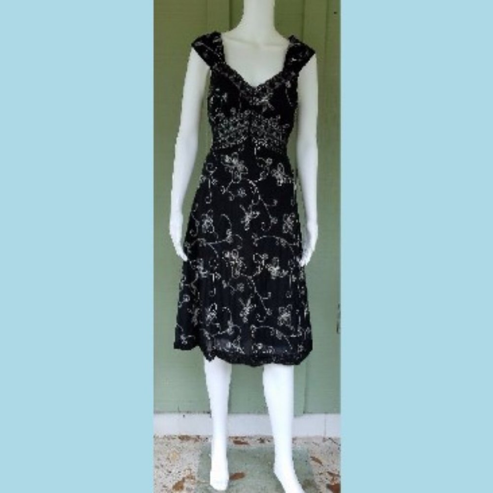 LYNDIA PROCANIK Bkack Embroidered Lace Trim Dress 12 Cotton